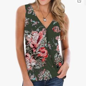 Womens V Neck Lace Floral Wrap Tank Tops Casual Loose Sleeveless Blouse Button